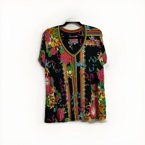 Johnny Was Multicolor Floral Andra V Neck Swing Tee Tunic Jersey T Shirt Sz M - Picture 2 of 6